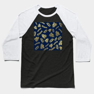 Abstract Leaves Pattern In Gold Foil Texture and Royal Blue Background Baseball T-Shirt